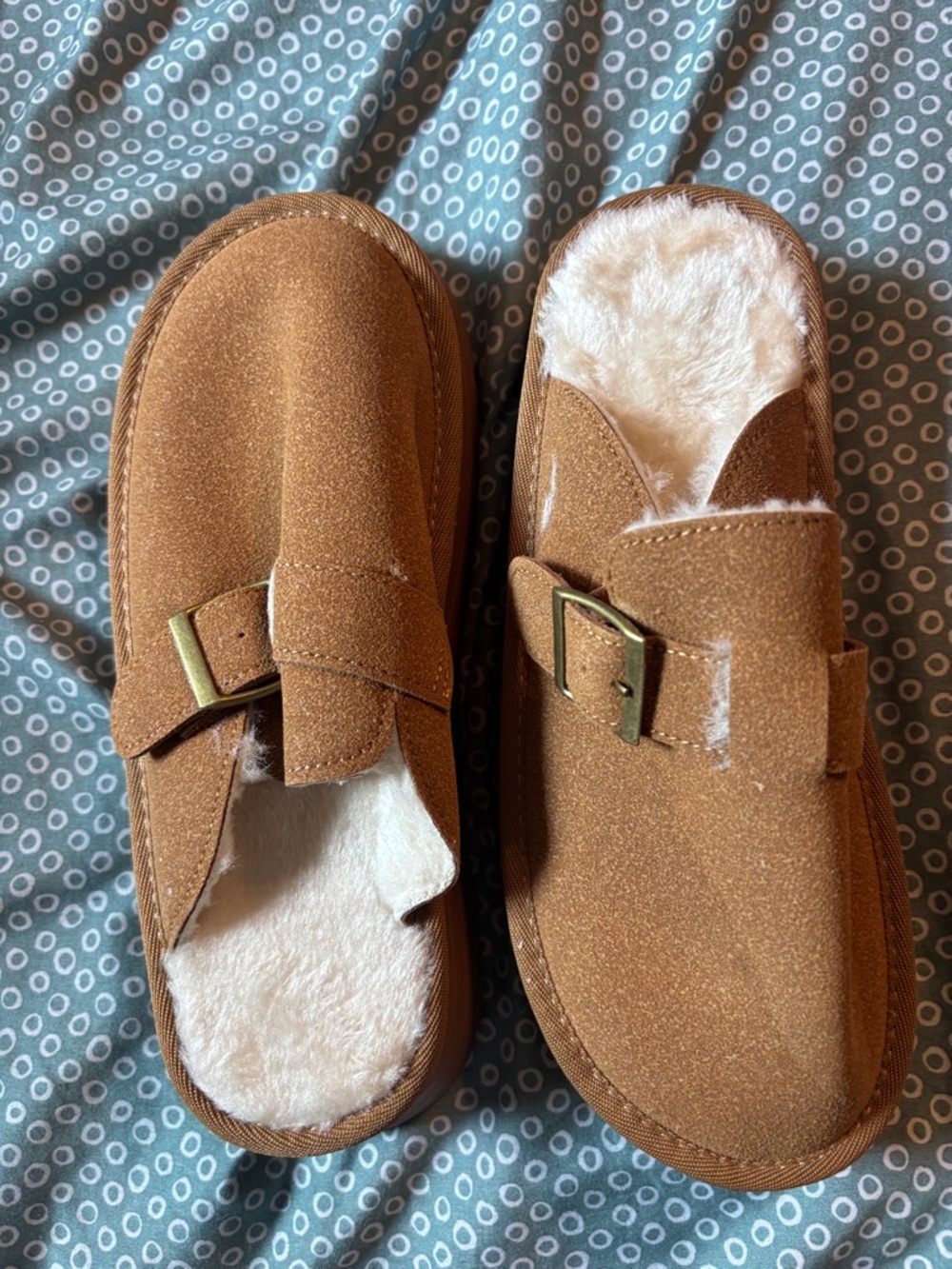 Faux-Suede Fur-Lined Mule Slippers - Cognac